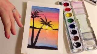 How to paint a sunset with palm trees in watercolor [upl. by Mello]