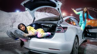 LIVING IN A TESLA FOR 24 HOURS  OVERNIGHT CHALLENGE [upl. by Notgnirrac]