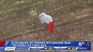 F16 fighter crashes into California warehouse pilot ejects [upl. by Gerianne]