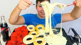 MOZZARELLA CHEESE FONDUE WITH SPICY FIRE CHICKEN • Mukbang amp Recipe [upl. by Oivatco940]