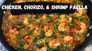 CHICKEN CHORIZO amp SHRIMP PAELLA [upl. by Domash804]