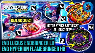 EVO HYPERION FLAMEBRINGER H6 LUCIUS ENDBRINGER L6 QR CODE MOTOR STRIKE SET BEYBLADE BURST SURGE APP [upl. by Lusa32]