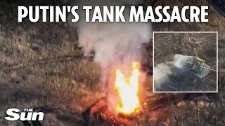 New battlefield footage shows entire column of 11 Russian tanks obliterated by Ukrainian drones [upl. by Nilrev968]