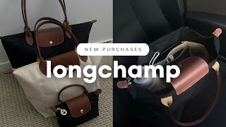 NEW TO ME Longchamp Le Pliage Medium Tote amp Pouch With Handle  My Thoughts On Each Size 👜🖤📦 [upl. by Eixid]