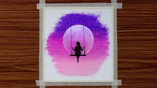 Drawing for Beginners with Oil Pastels  Girl on Swing in Moonlight  Step by Step [upl. by Aronaele505]