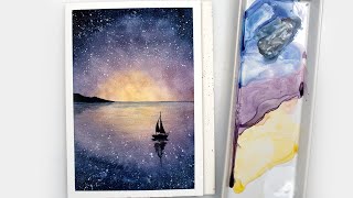 Watercolor GALAXY with stars EASY STEP BY STEP  seascape for beginners [upl. by Animsay105]