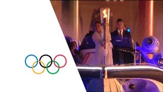 David Beckham amp Sir Steve Redgrave Pass Olympic Torch  London 2012 Opening Ceremony [upl. by Rollins]