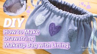 How to Make a Drawstring Makeup Bag with Lining without a sewing machine💜purple heart [upl. by Dougy]