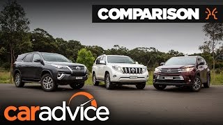 Toyota SUV comparison Fortuner v Kluger v Prado  CarAdvice [upl. by Alister]