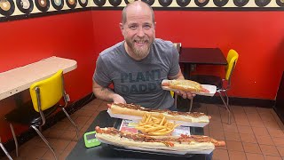 4 FOOT Hot Dog 🌭 20 Minute Challenge Man vs food [upl. by Atnohsal223]