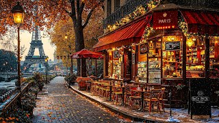 Paris Winter Jazz Music ❄️ Cozy Balcony Coffee Shop Ambience with Smooth Jazz and Falling Snow [upl. by Aschim392]