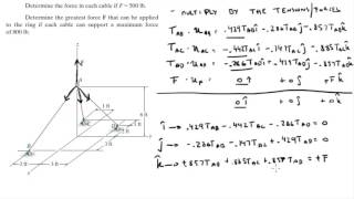 Determine the force in each cable and the greatest F can be [upl. by Leftwich796]