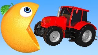 Learn Colors with PACMAN and Tractor Farm Street Vehicles Orange for Kid Children [upl. by Akimahs]