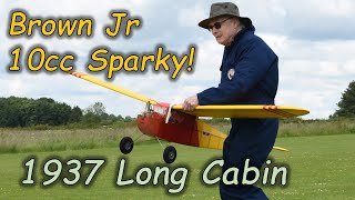 1937 Long Cabin amp 10cc Brown Jr Herb Wahl Spark Ignition Engine  Beautiful flight on a windy day [upl. by Airahcaz]