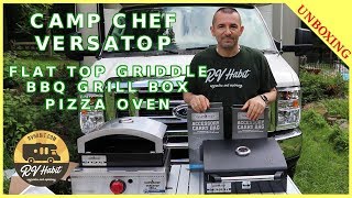 CAMP CHEF VERSATOP Flat Top Griddle BBQ Grill Box amp Artisan Pizza Oven Complete Unboxing RV Cooking [upl. by Akinihs]