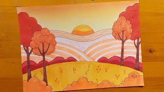 رسم فصل الخريف 9  رسم شجره الخريف  autumn tree drawing  autumn drawing [upl. by Nrek]