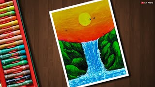 Waterfall Drawing for beginners with Oil Pastels step by step [upl. by Kciregor]