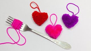 How to Make Yarn Heart❤️ Easy Pom Pom heart Making Idea with Fork ❤️ Amazing Valentines Day Crafts [upl. by Nwahsor612]