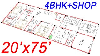 1500 Sqft House Design  North Face House Plan 4BHKSHOP  20x75 House Plan  165 Gaj  Civil Users [upl. by Engis]