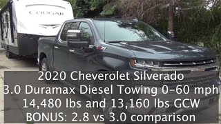 2020 Silverado 30 Duramax 060mph towing 14480lbs amp 13160lbs GCW BONUS 28 Duramax comparison [upl. by Arleen131]