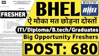 BHEL Recruitment 2023  POST  680 ITIDiplomaBtechGraduates BHEL Jobs 2023  BHEL Vacancy 2023 [upl. by Gabel]