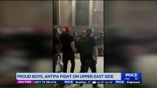 Proud Boys fight with masked antifa demonstrators on UES NYPD [upl. by Artap]