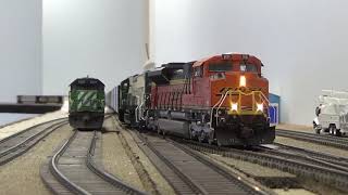 BNSF Double Stacks Meet Coal Train in HO Scale [upl. by Pernick500]