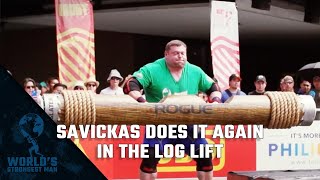 2018 Worlds Strongest Man  Savickas Does it AGAIN in the Log Lift [upl. by Llyrrad]