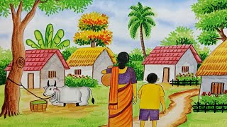 Beautiful Village Landscape Scenery Painting  Indian Village Scenery Painting with Watercolor [upl. by Atcele]