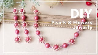 DIY🌸大人パールと花のブレスレット🌸作り方♪ピアスも！花編み テグス編み ビーズアクセサリー Pearls amp Flowers Beaded Bracelet Earrings Tutorial [upl. by Floro]