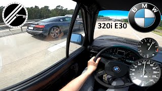 BMW E30 320i Cabriolet 129 PS 6cylinder Top Speed Drive On German Autobahn With No Speed Limit POV [upl. by Ancilin]