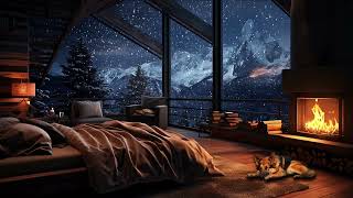 Snow Storm and Breathtaking View from the Bed in a Cozy Cabin Crackling Fire amp Wind Sound  Winter [upl. by Ssenav]