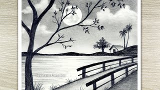 How to draw scenery of Moonlight night scene with pencil sketch step by step [upl. by Neumann]