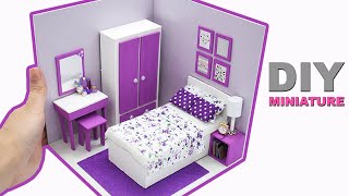 DIY Miniature Dollhouse Room 9 Purple Bedroom  Manilature [upl. by Nuhsed]