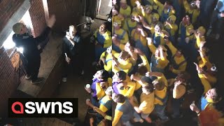 Over 70 people dress as ‘Minions’ and cheer the arrival of leader Gru’ at Halloween party  SWNS [upl. by Eide80]