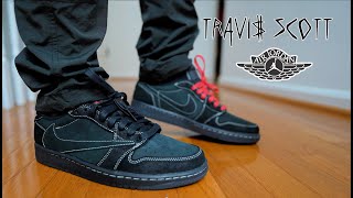 TRAVIS SCOTT JORDAN 1 LOW BLACK PHANTOM REVIEW amp ON FEET [upl. by Kerrison360]