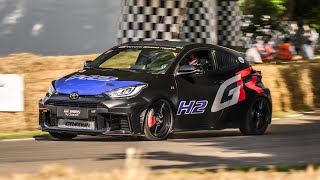 Hydrogen power take two Rowan Atkinson drives NEW hydrogenpowered Toyota GR Yaris H2 at Goodwood [upl. by Oraneg111]