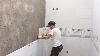 How To Tiles Bathroom  Cut Tiles Around Pipes  Handle The Brick Edges [upl. by Neyugn770]