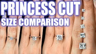 Princess Cut Diamond Size Comparison on Hand Finger 1 Carat Square Engagement Ring 2 ct 3 4 5 75 [upl. by Anerac]