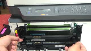 HP Color Laser MFP 179fnw 178nw Remove install replacing toner cartridge [upl. by Esdnyl]