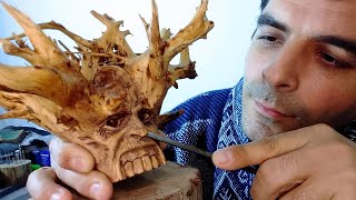 Wood spirit carving demonstration sculpting a face wood root wood carving by hand ASMR [upl. by Tempest]