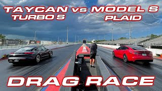 1020 HP PLAID vs TAYCAN  Tesla Plaid Model S vs Porsche Taycan Turbo S 14 Mile Drag Race [upl. by Wernsman]