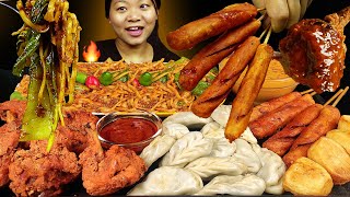 Nepali Street Food Mukbang  Eating Extremely Spicy Keema Noodles Sausages Chicken Lollypop amp MOMO [upl. by Weixel]