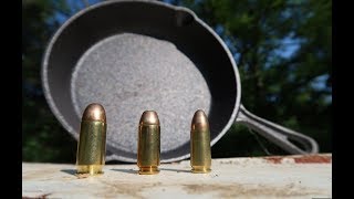 9mm vs 40 Cal vs 45 ACP  Cast Iron Skillets [upl. by Nellahs]