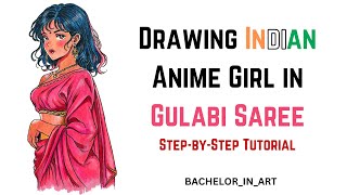 Master the Art of Drawing an Indian Anime Girl in a Gulabi Saree  Easy StepbyStep Guide [upl. by Bohun]