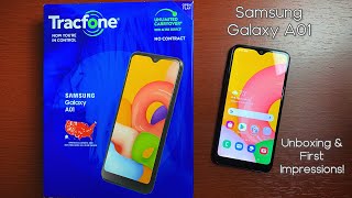 Samsung Galaxy A01 Tracfone  Unboxing amp First Impressions [upl. by Eelek]