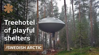 Treehotel mirrorcube nest UFO treehouses in Arctic forest [upl. by Percy]