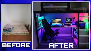 DIY LOFT BED W GAMING AREA Small Room Makeover Ultimate Gaming Room Setup w LED expert Lighting [upl. by Faydra24]