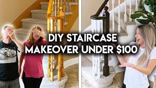 DIY STAIRCASE MAKEOVER UNDER 100  Updating Oak Banister [upl. by Anadal400]