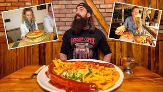 EATING THE BIGGEST BRATWURST IN GERMANY AT FRANKFURTS FAMOUS GIANT FOOD RESTAURANT  BeardMeatsFood [upl. by Tabby823]